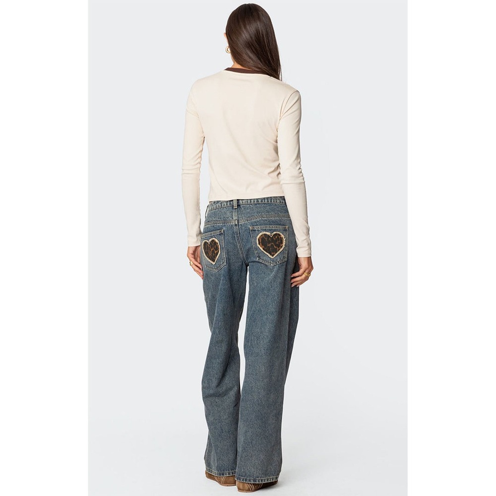 Edikted Blue Wide Leg Jeans with Brown Heart Back Patches